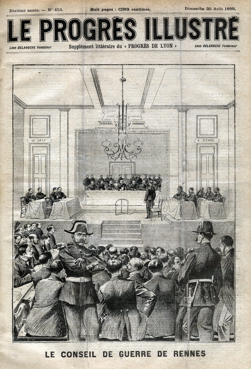قضية دريفوس. محاكمة رين. ألفريد دريفوس أمام مجلس الحرب (1899). غلاف "Le progresses de Lyon" من 20 أغسطس بواسطة فنان غير معروف