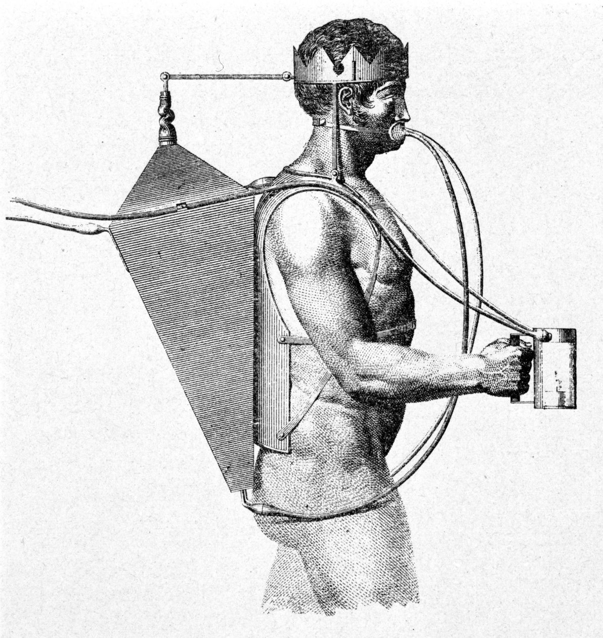 مشروع Drieberg's scaphandre لعام 1802 ، المعروف باسم triton. يدخل الهواء مباشرة إلى فم الرجل. بواسطة فنان غير معروف