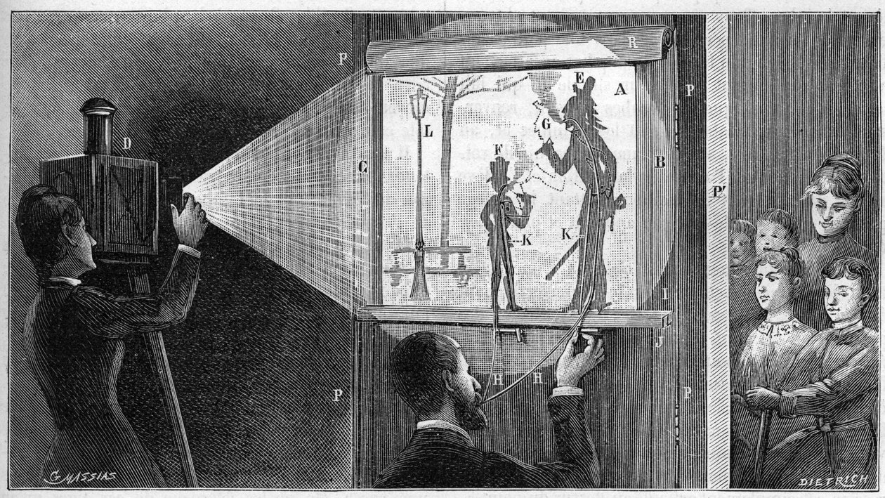 من فضلك Du feu - خلف كواليس مسرح Shadbres - نقش في “La Nature” عام 1892. بواسطة فنان غير معروف