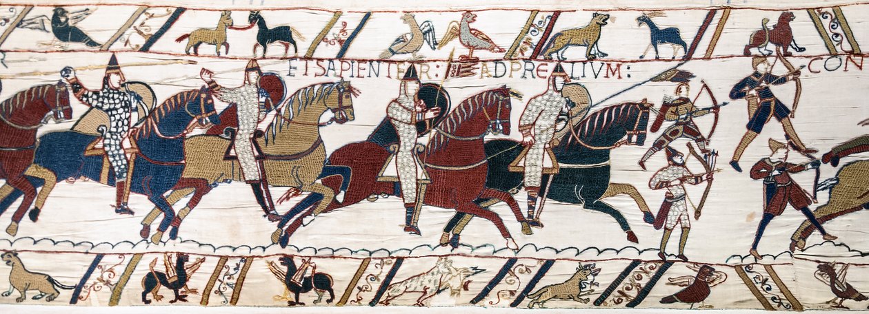 يشجع الدوق ويليام قواته على الاستعداد للمعركة ضد الجيش الإنجليزي ، Bayeux Tapestry (تطريز الصوف على الكتان) بواسطة فنان غير معروف