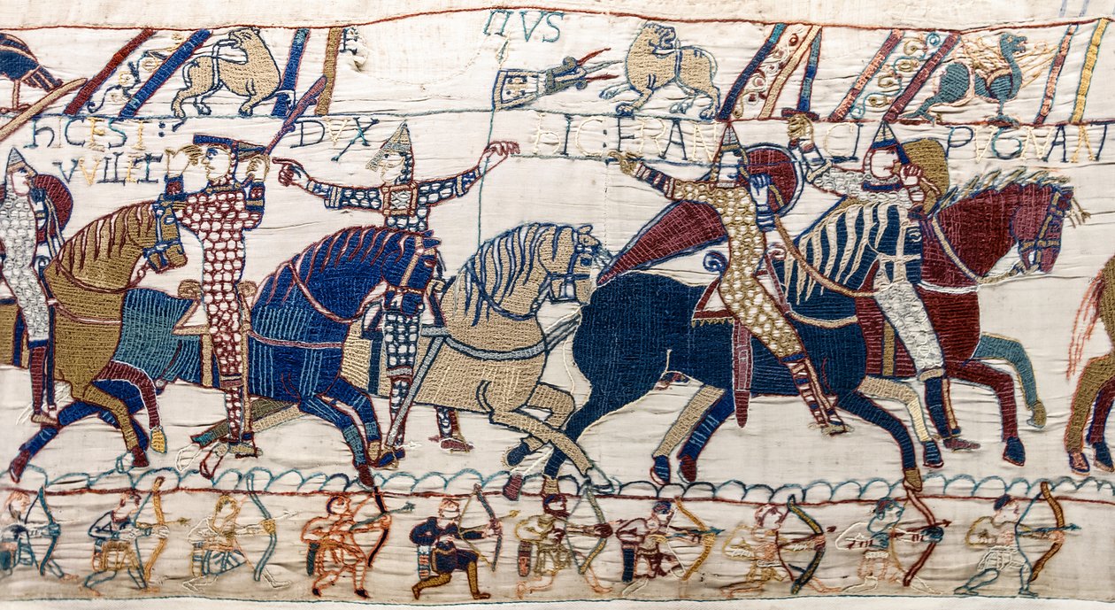 دوق ويليام يُظهر وجهه لجيشه ، Bayeux Tapestry (تطريز من الصوف على الكتان) بواسطة فنان غير معروف