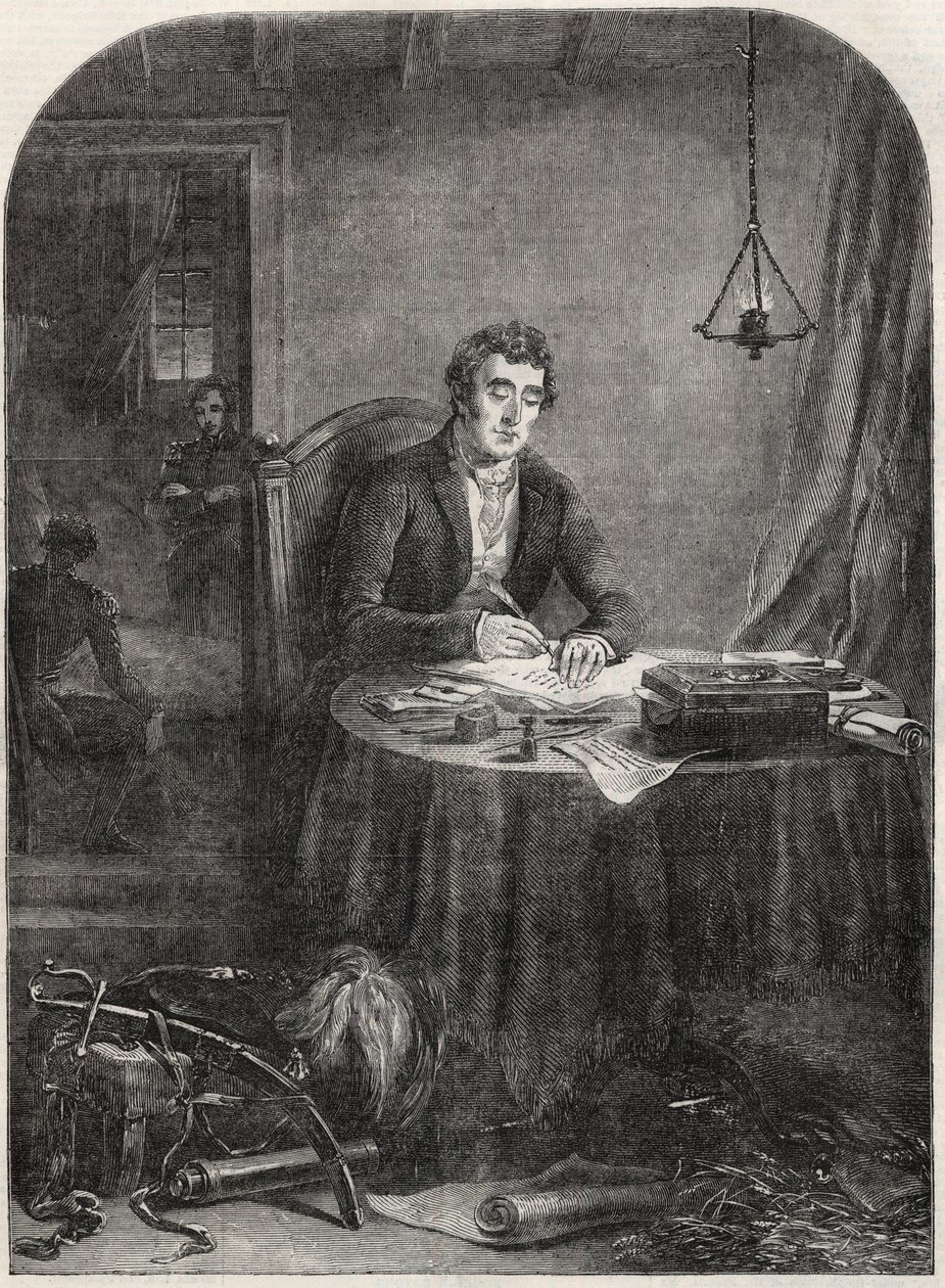 دوق ويلينجتون (آرثر ويليسلي (1769-1852) دوق ويلينجتون) يكتب إرسالية بعد واترلو ، يونيو 19 1815 - نقش 1852 بواسطة فنان غير معروف