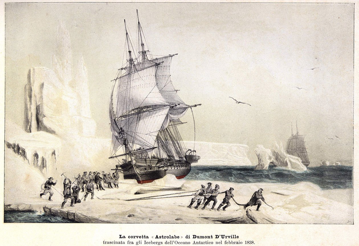 طراد Dumont d'Urville "" الإسطرلاب "(الاسم الجديد لـ" شل ") (1790 - 1842) متخلفًا بين الجبال الجليدية في المحيط المتجمد الجنوبي في فبراير 1838 بواسطة فنان غير معروف