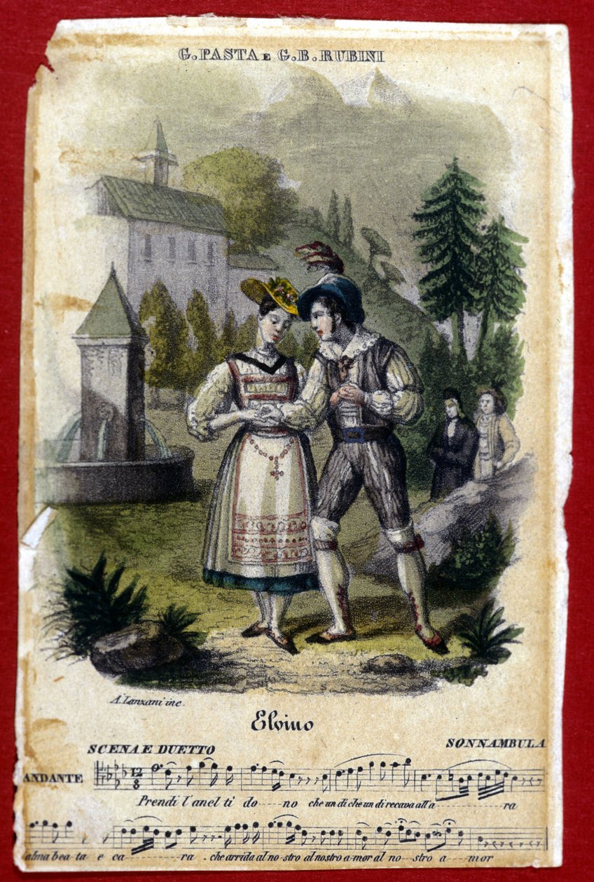 ثنائي بين جيوديتا باستا وجيان باتيستا روبيني في أوبرا “La somnambule” (“La Sonnambula”) لفينشنزو بيليني. مسرح كاركانو ميلان. 1831. بواسطة فنان غير معروف
