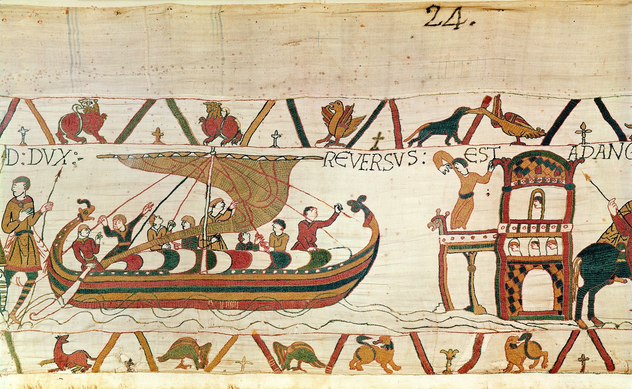 إيرل هارولد يعود إلى إنجلترا ، Bayeux Tapestry (تطريز صوف على الكتان) بواسطة فنان غير معروف