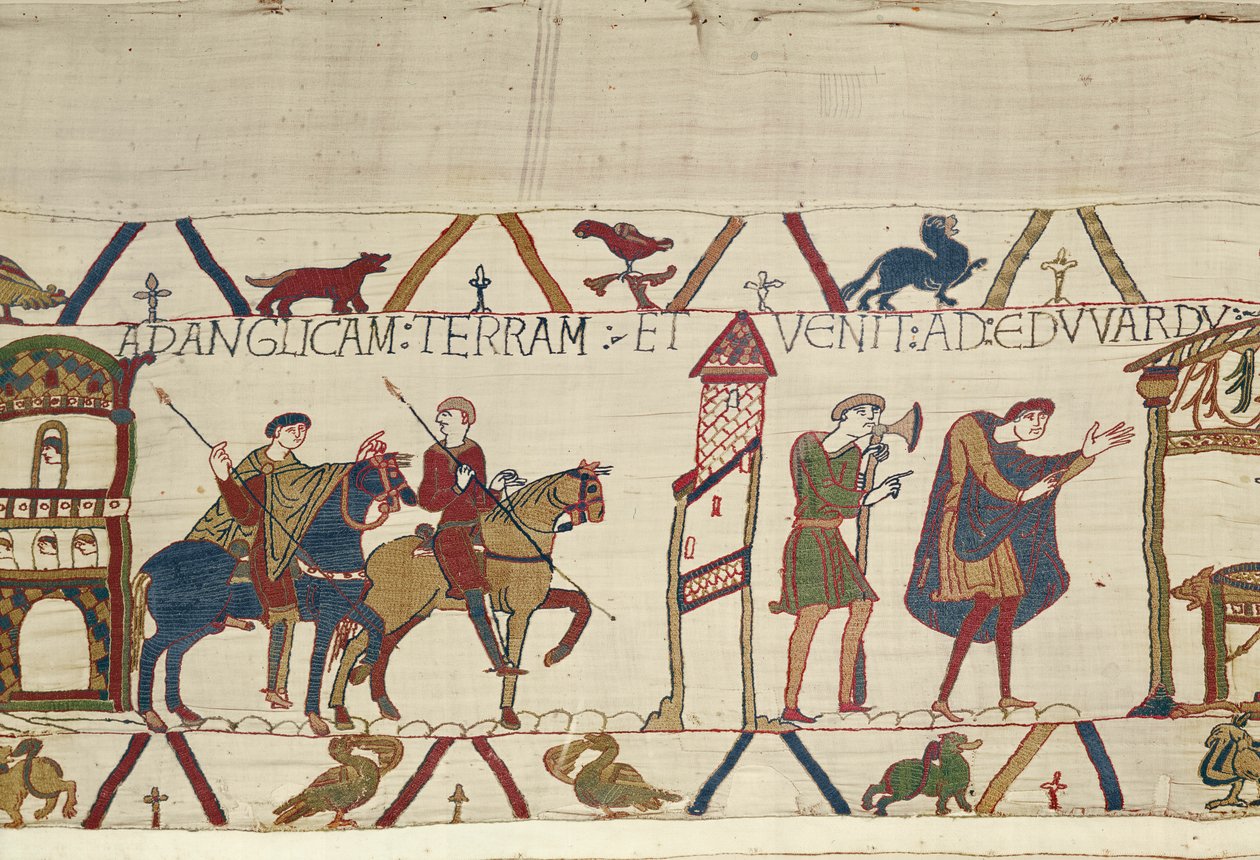 يركب إيرل هارولد من Bosham إلى لندن ، Bayeux Tapestry (تطريز صوف على الكتان) بواسطة فنان غير معروف