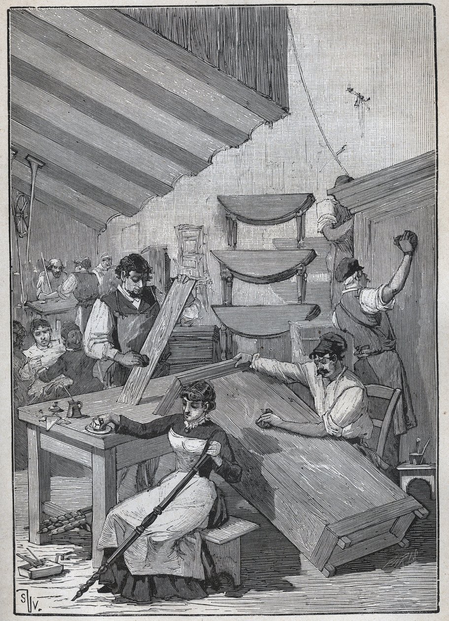 Ebenisterie: ورشة طلاء الطوابع. نقش من عام 1885 في "" Les Arts et metiers Illustres "" لأدولف بيتارد. بواسطة فنان غير معروف