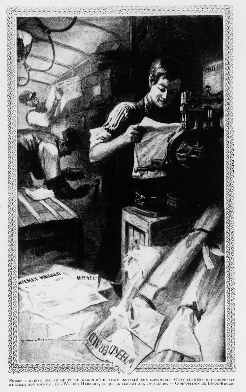 Edison, at 15, in the middle of the car where he used to install his printing shop. He wrote and printed his newspaper, the Weekly Herald, and sold it to travellers. بواسطة فنان غير معروف