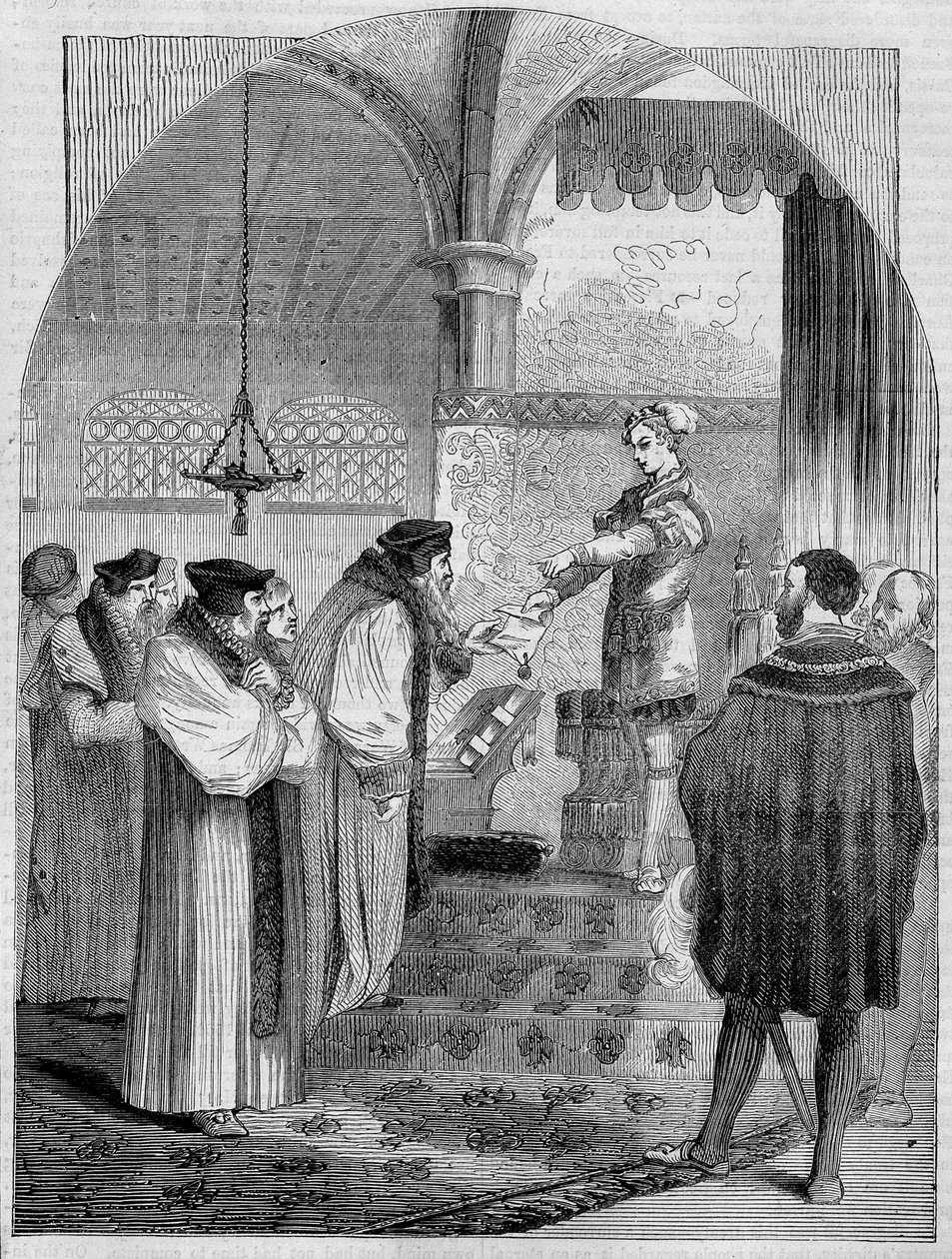 إدوارد السادس (1547-1553) ملك إنجلترا يقدم شهادة جوان بوشر لرئيس الأساقفة كرانمر بواسطة فنان غير معروف