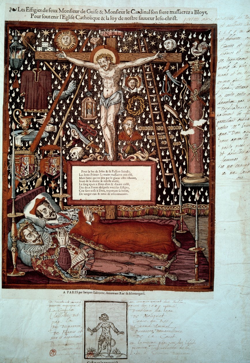 قُتلت تماثيل هنري الأول من لورين ، دوق جوي الثالث (1550-1588) وشقيقه لويس الثاني دي جيز ، كاردينال لورين (1555-1588) في بلوا في 23 و 24 ديسمبر 1588 بأمر من هنري الثالث نقش القرن السادس عشر في باريس ، بن بواسطة فنان غير معروف