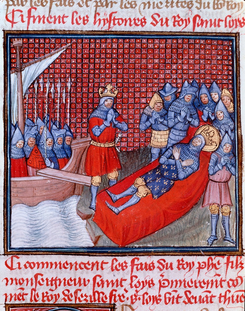 الحملة الصليبية الثامنة: "" La mort de Saint Louis au Tunis في 25 أغسطس 1270 "" صورة مصغرة مأخوذة من "" Les grandes Chronicles de France "لجان فرويسارت (1337-1400) القرن الخامس عشر شانتيلي ، متحف كوندي بواسطة فنان غير معروف