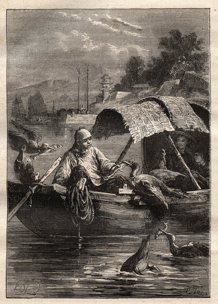 سفارة اللورد جورج مكارتني (1737-1806) في الصين (1792-1793): يرمز الطائر Leut-ze إلى الصيد (صيد الغاق) - رسم توضيحي من "البحارة العظماء في القرن الثامن عشر" بواسطة فنان غير معروف