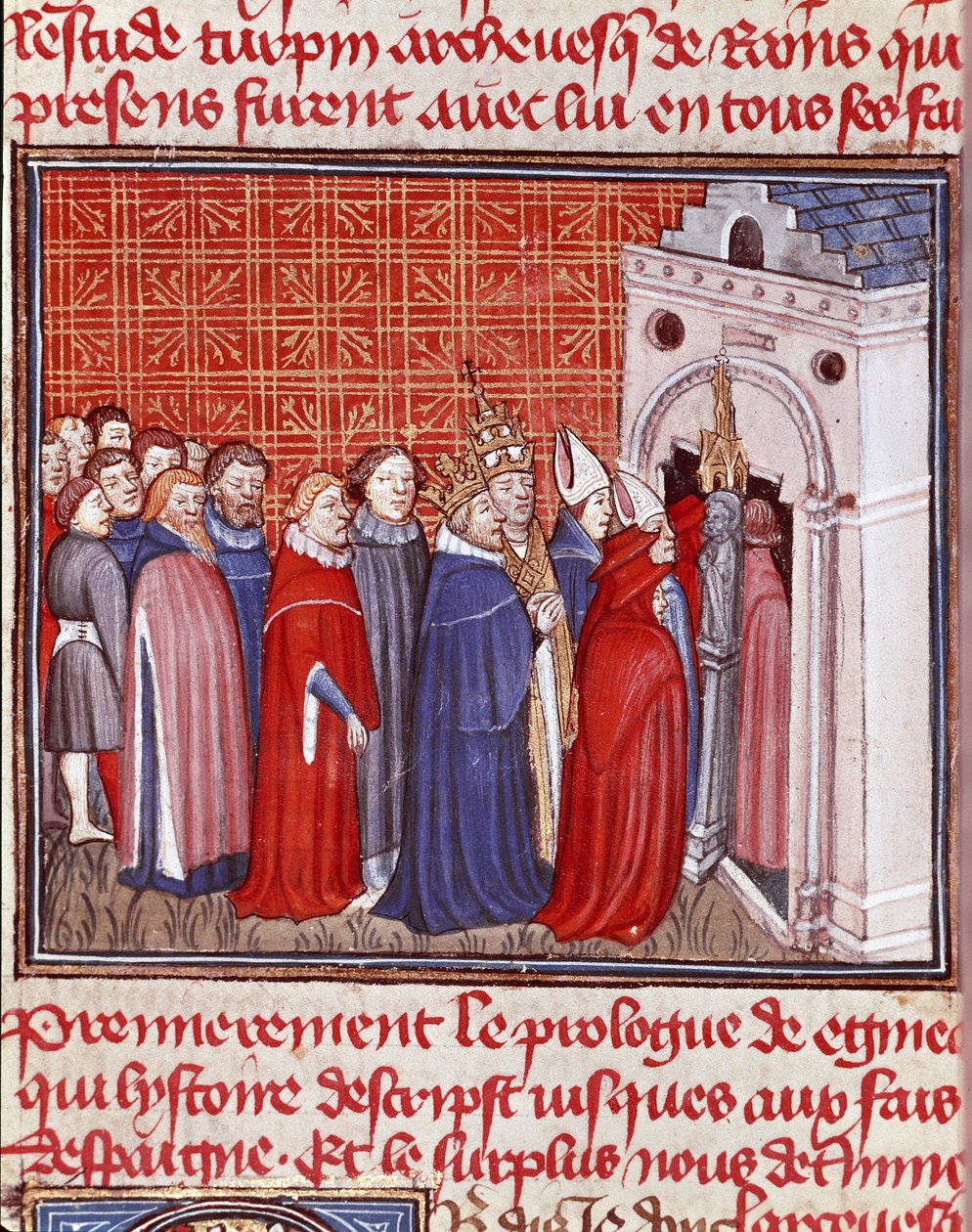 تيجان الإمبراطور شارلمان (742-814) تدخل كنيسة تليها تيجان مصغرة من "" Les grandes Chronicles de France "من القرن الخامس عشر شانتيلي ، متحف كوندي بواسطة فنان غير معروف