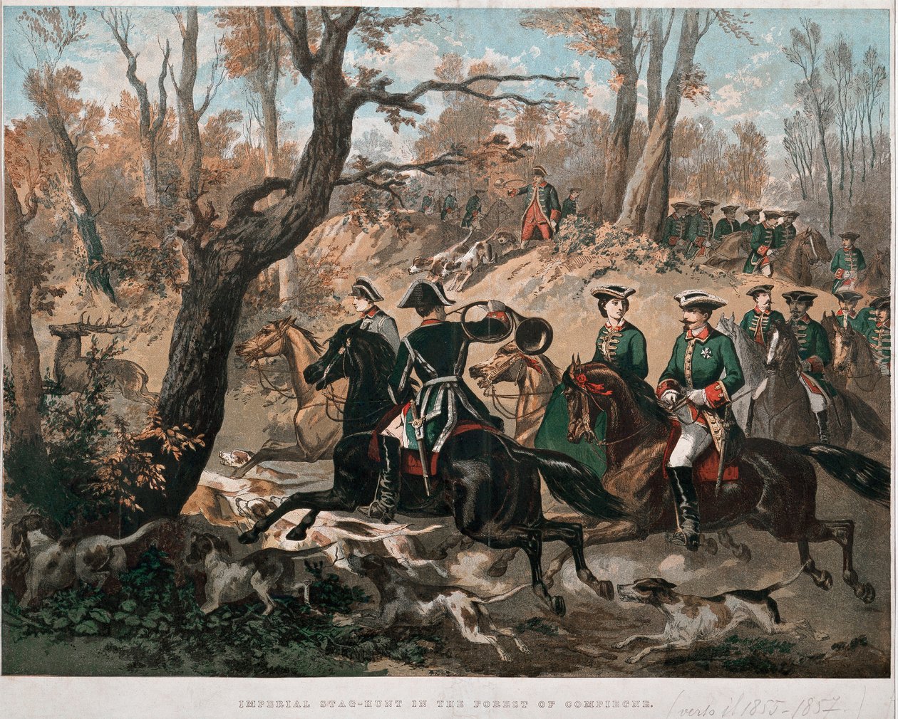 الإمبراطور نابليون الثالث (1808-1873) وزوجته يوجينيا دي مونتيجو (1826-1920) يسيران في غابة كومبين للطباعة الحجرية بالألوان حوالي عام 1855 ميلانو ميوزيو ديل ريسورجيمنتو بواسطة فنان غير معروف