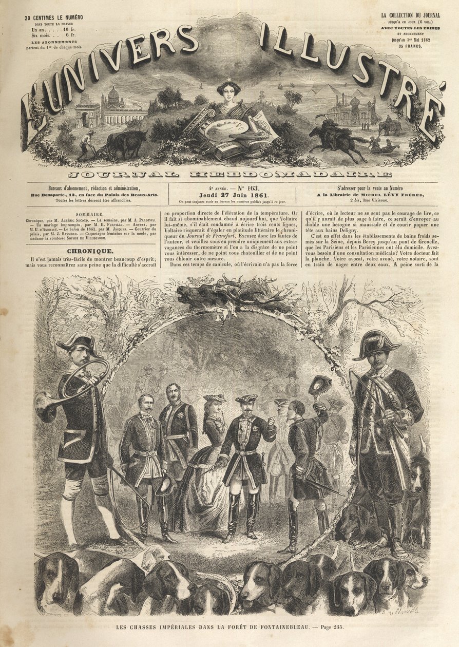 قام الإمبراطور نابليون الثالث بالصيد في فونتينبلو - 1861 - الصيد الإمبراطوري في فونتينبلو بحضور نابليون الثالث (1808-1873) وإمبيراتريس أوجيني (1826-1920). الكون اللامع لعام 1861 - بواسطة فنان غير معروف