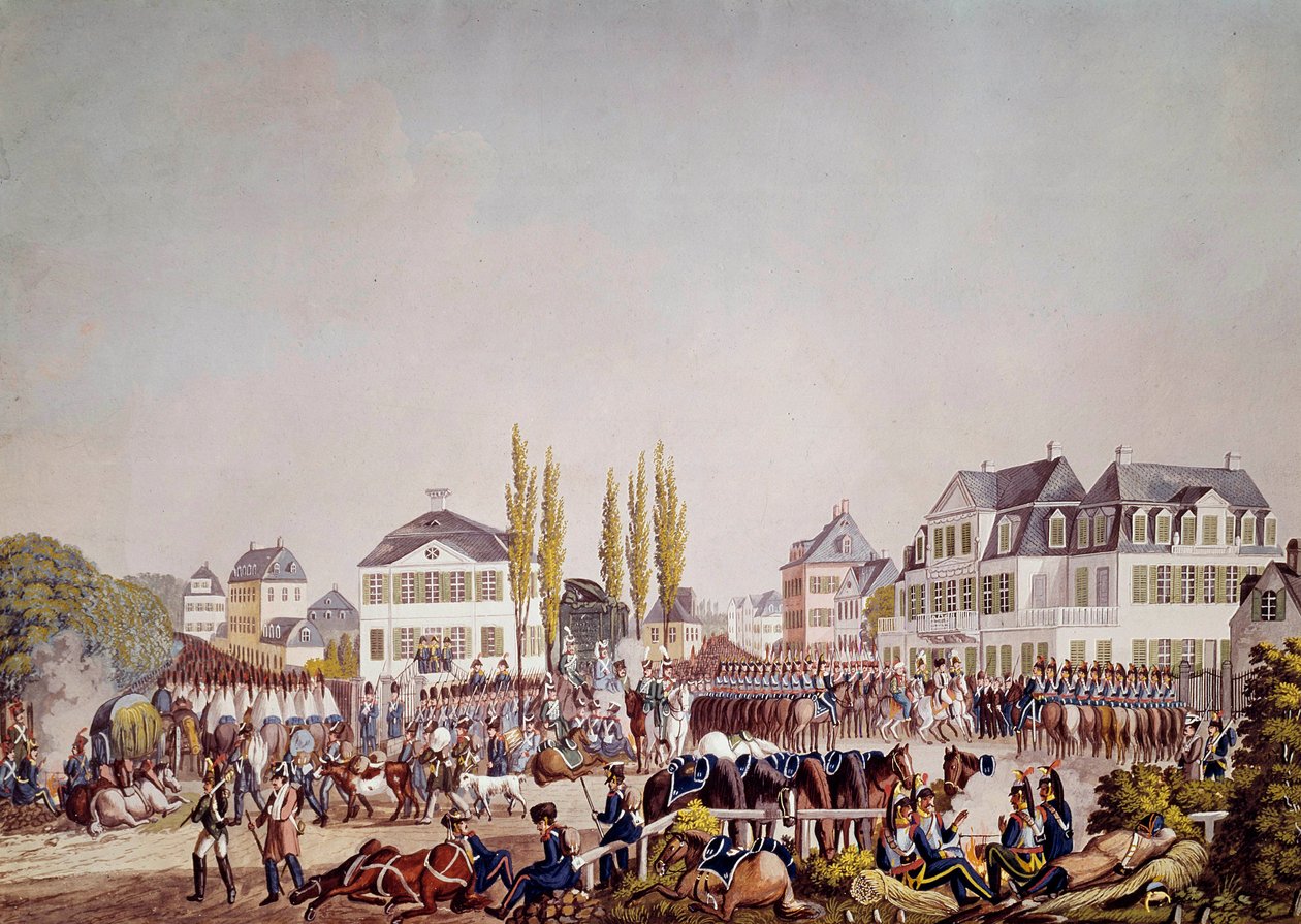 الإمبراطور نابليون الأول (1769-1821) يستعرض القوات في فرانكفورت. نقش من عام 1813. فرانكفورت ، المتحف التاريخي بواسطة فنان غير معروف