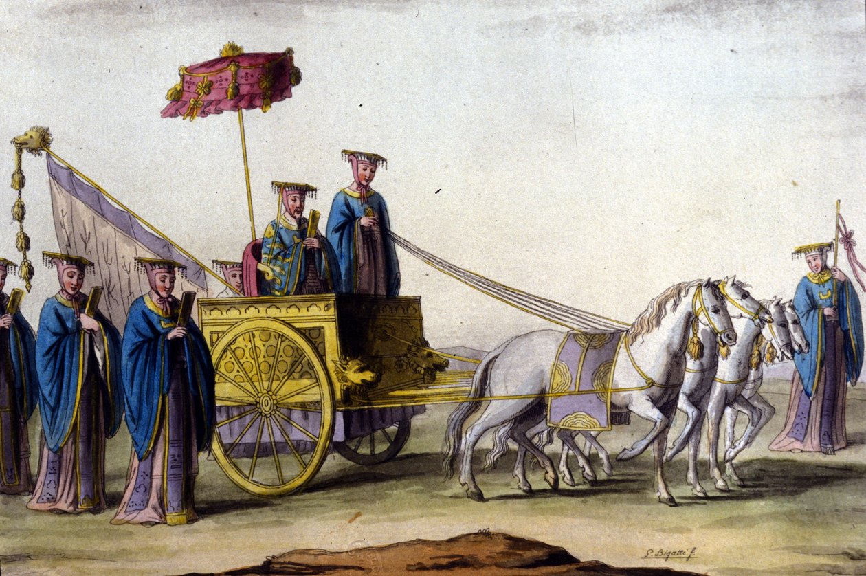 إمبراطور سلالة مينج على عربته - في "Le costume ancien et moderne" "بقلم J. Ferrario ، محرر. ميلان بواسطة فنان غير معروف
