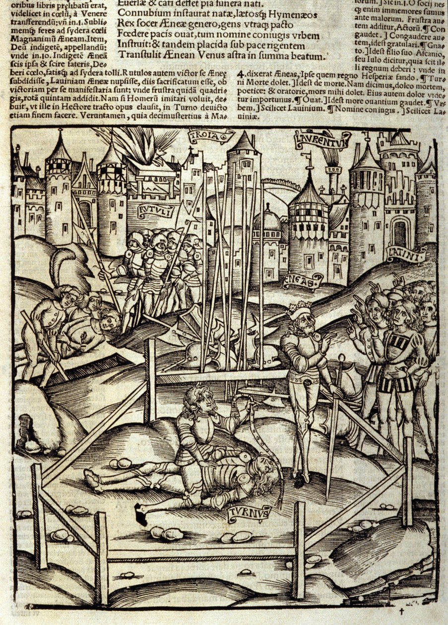 Eneide de Virgil (70 قبل الميلاد - 19 قبل الميلاد) ، الكتاب الثاني عشر ، أبطال طروادة Enee يقتلون في معركة Turnus تحت عيون اللاتين والروتولز. Xylography بواسطة سيباستيان برانت (1458-1521). ستراسبورغ بواسطة فنان غير معروف