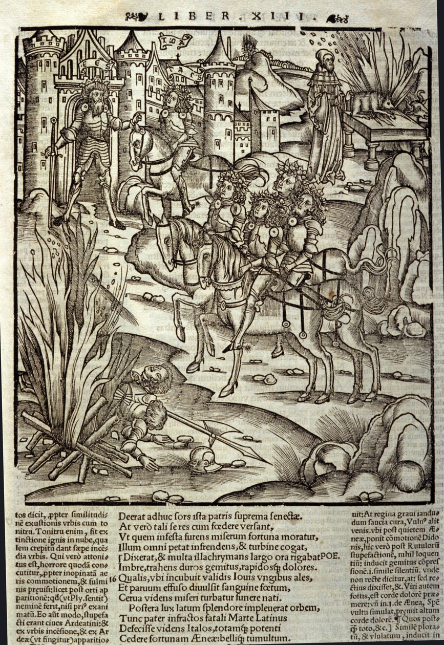 Eneide de Virgil (70 قبل الميلاد - 19 قبل الميلاد) ، الكتاب الثالث عشر (ملحق) ، أبطال طروادة Enee يستقبل اللاتين ، يتم تقديم التضحيات تكريما لضحايا الحرب. Xylography بواسطة سيباستيان برانت (1458-1521). ستراسبورغ بواسطة فنان غير معروف