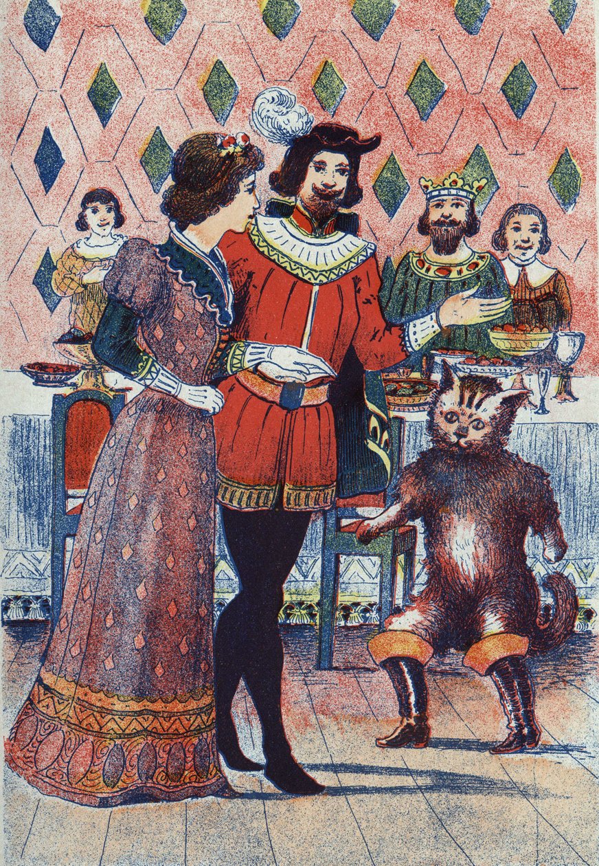 خطوبة ماركيز كاراباس وابنة الملك. رسم توضيحي لـ "Le chat Botte" "، حكاية تشارلز بيرولت (1628-1703) ، كاتب فرنسي. توضيح مجهول. الصور مارسيل فاني ، جارفيل نانسي ، بدون تاريخ (أواخر القرن التاسع عشر). بواسطة فنان غير معروف