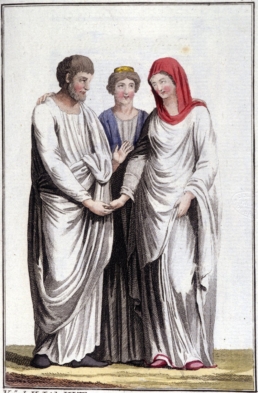 الخطبة أو الوعد بالزواج: dextrarum iunctio أو اتحاد الأيدي المستقيمة. نقش القرن التاسع عشر. بواسطة فنان غير معروف
