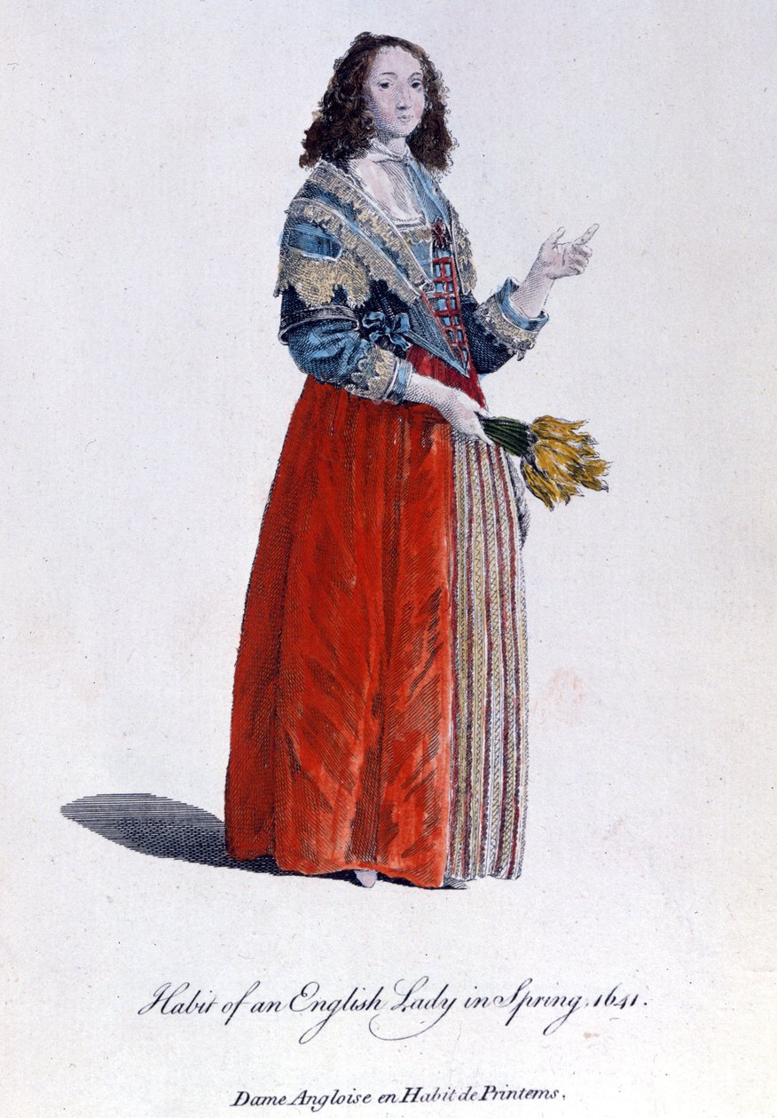 المرأة الإنجليزية في ثوب الربيع في عام 1641. النقش في القرن التاسع عشر. بواسطة فنان غير معروف