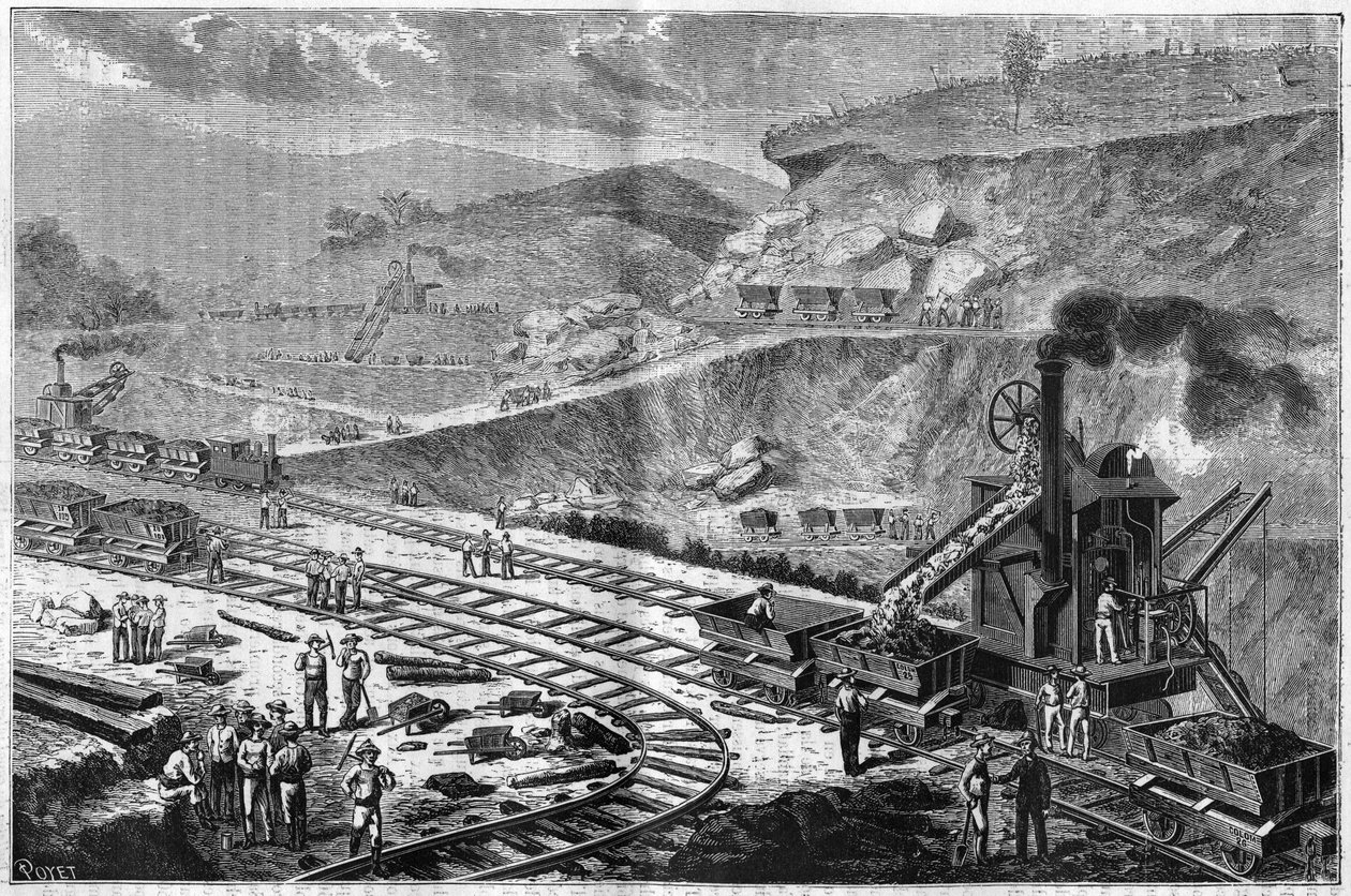 نقش من عام 1885 يُظهر أعمال حفر برزخ بنما. منظر لإحدى الهجمات على حوض بناء السفن في الإمبراطور. بواسطة فنان غير معروف