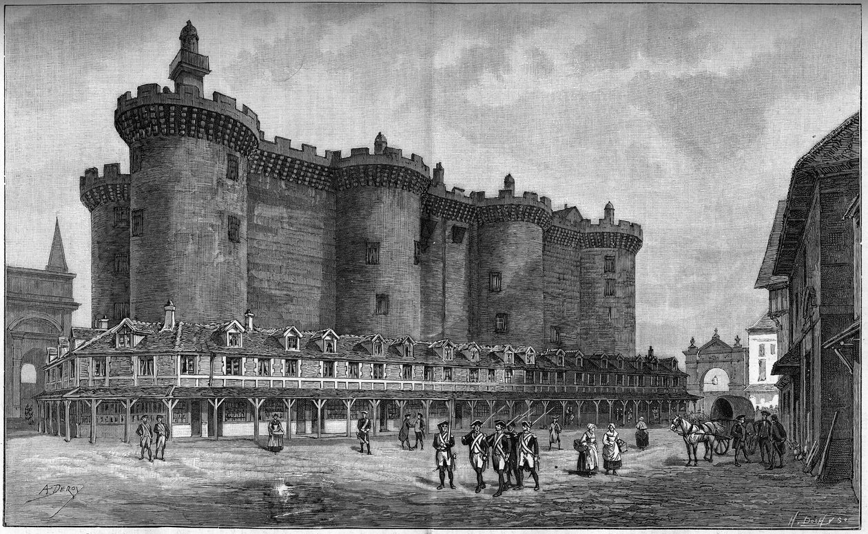 نقش يمثل منطقة الباستيل مع السجن عام 1788. بواسطة فنان غير معروف
