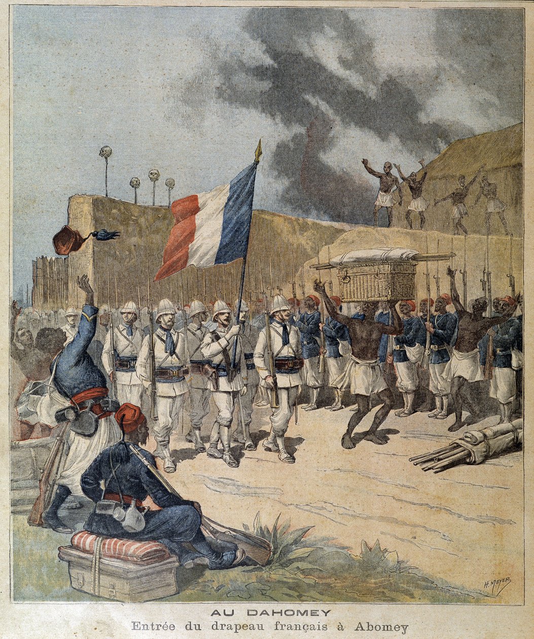 مدخل العلم الفرنسي في أبومي (داهومي = بنين اليوم) - couv. "الجريدة الصغيرة" في 10/12/1892. بواسطة فنان غير معروف