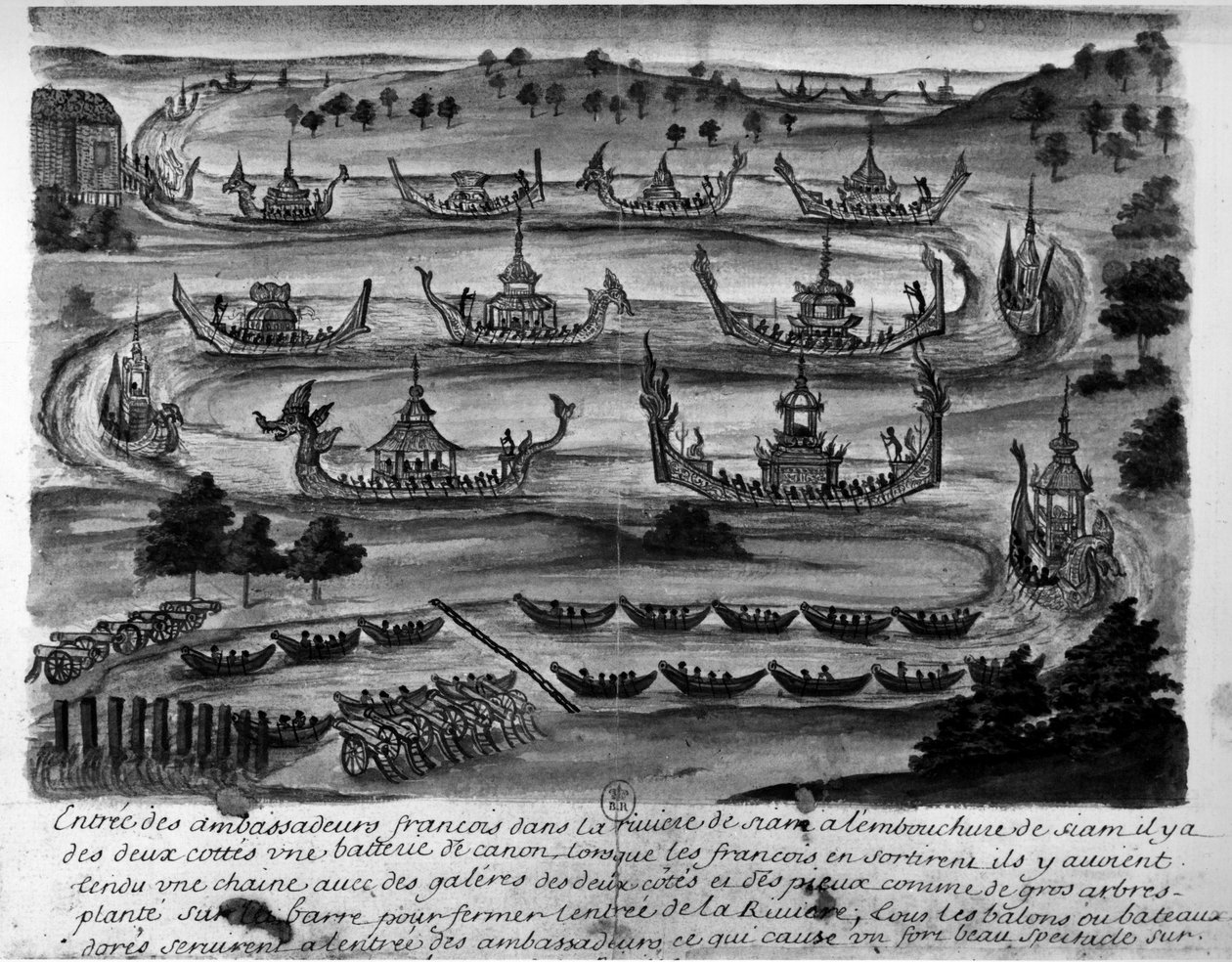 دخول السفراء الفرنسيين في نهر سيام - في "" رحلات مملكة سيام ، تواريخ 1688 "". بواسطة فنان غير معروف