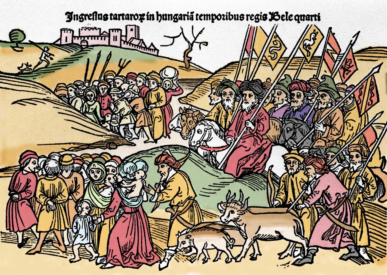 دخول التتار إلى المجر تحت حكم بيلا الرابع (1235-1270) من المجر. نقش من "Chronica Hungariae". مكتبة مارسيانا ، البندقية. بواسطة فنان غير معروف