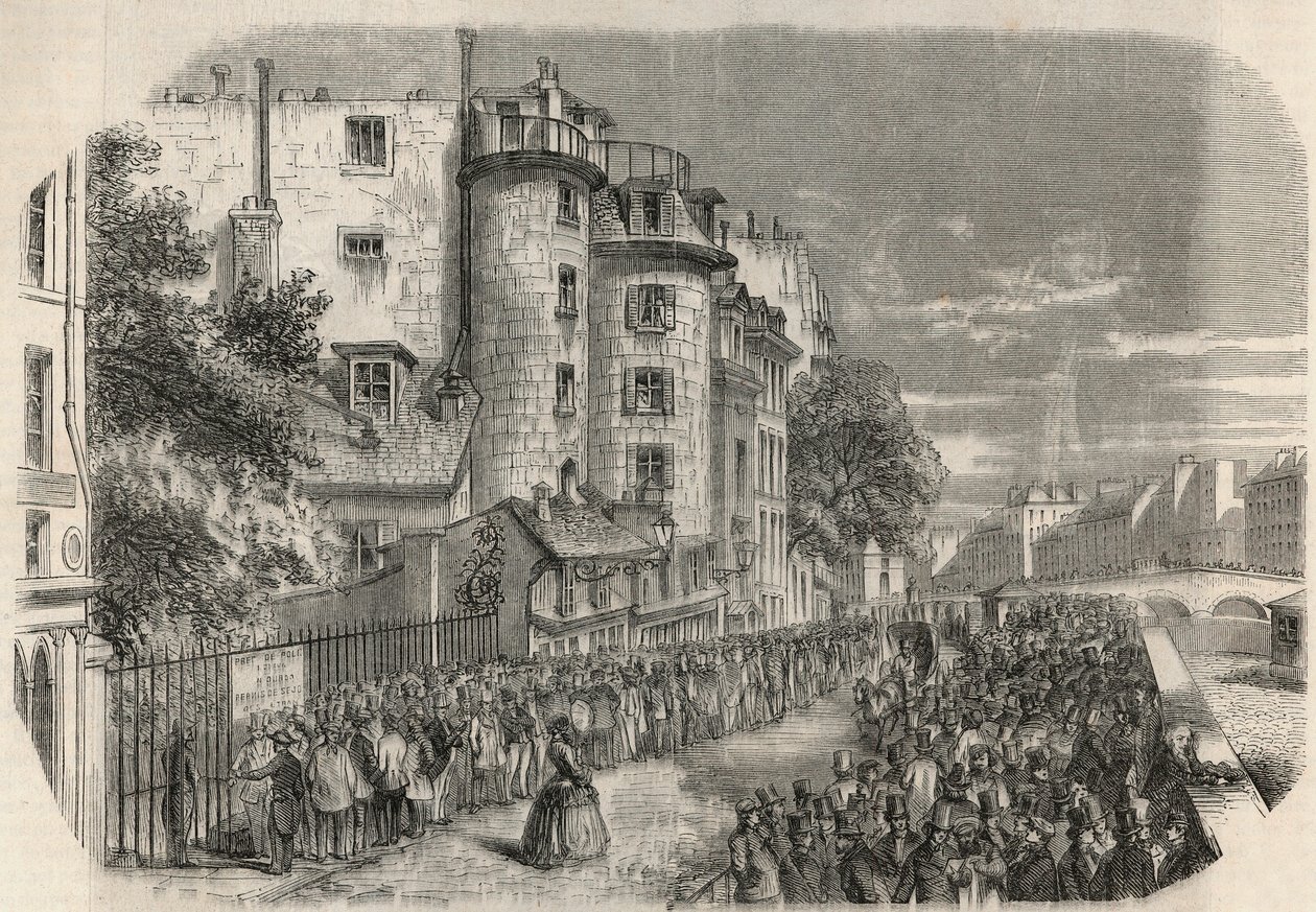 دخول محافظة الشرطة عن طريق شارع القدس في زاوية Quai des Orfevres في باريس في القرن التاسع عشر قبل 1871 - نقش في "Tableau-de-Paris" بواسطة Edmond Texier 1852. بواسطة فنان غير معروف