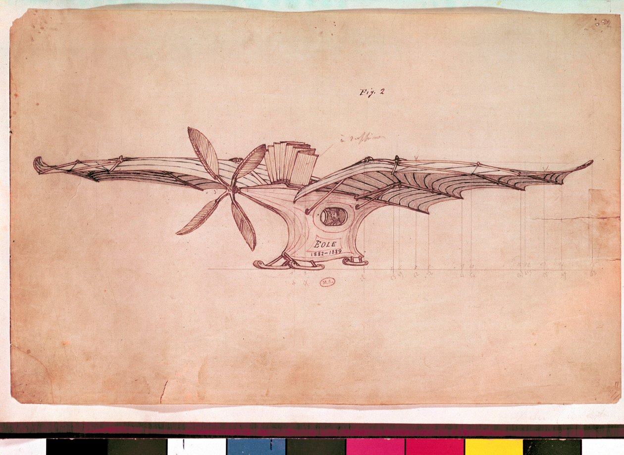 آلة الطيران. تمثيل طائرة كليمنت ادير. رسم مجهول حوالي 1882-1889. باريس ، متحف الهواء بواسطة فنان غير معروف