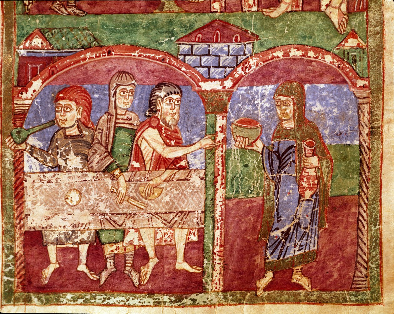 حلقة من حياة Sainte Radegonde (Radegundis) de Poitiers (519-587) ، زوجة Clotaire I ، ملك الفرنجة: يخدم Radegonde أثناء أعماله الخيرية على مائدة الفقراء. صورة مصغرة من مخطوطة من القرن الحادي عشر. مكتبة بلدية بواتييه بواسطة فنان غير معروف