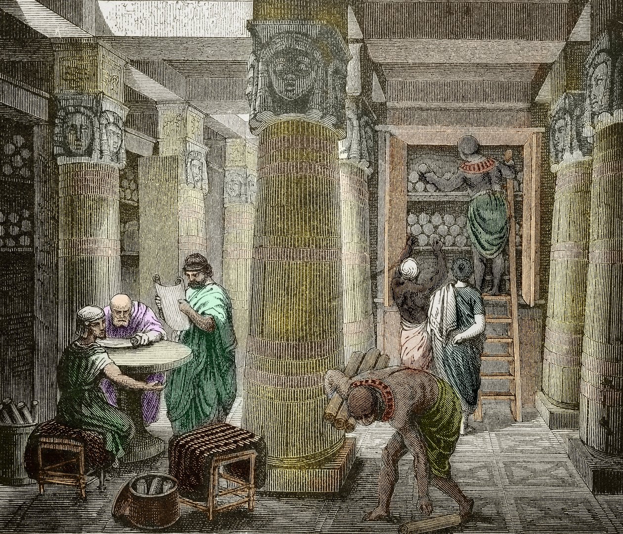 شروح بمكتبة الإسكندرية ، دمرت عام 642 ، مصر) (منظر لمكتبة الإسكندرية ، مصر) القرن التاسع عشر (نقش) بواسطة فنان غير معروف