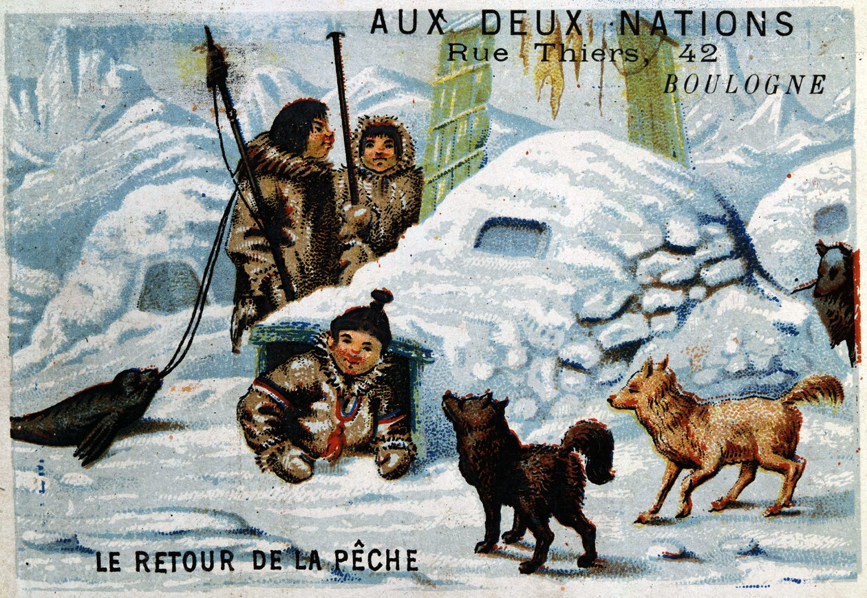 الأسكيمو - عودة الصيد ، الإعلان عن متجر بولوني "aux deux Nations" حوالي عام 1895. بواسطة فنان غير معروف