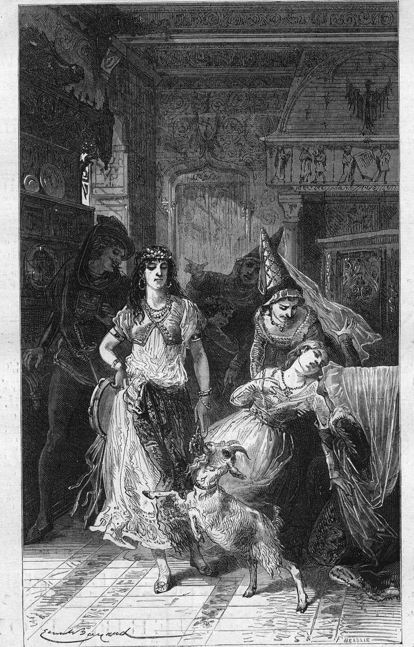إزميرالدا وفلور دي ليس (فلور دي ليس). رسم توضيحي لـ "نوتردام دي باريس" بقلم فيكتور هوغو (1802-1885). نقش أواخر القرن التاسع عشر. بواسطة فنان غير معروف