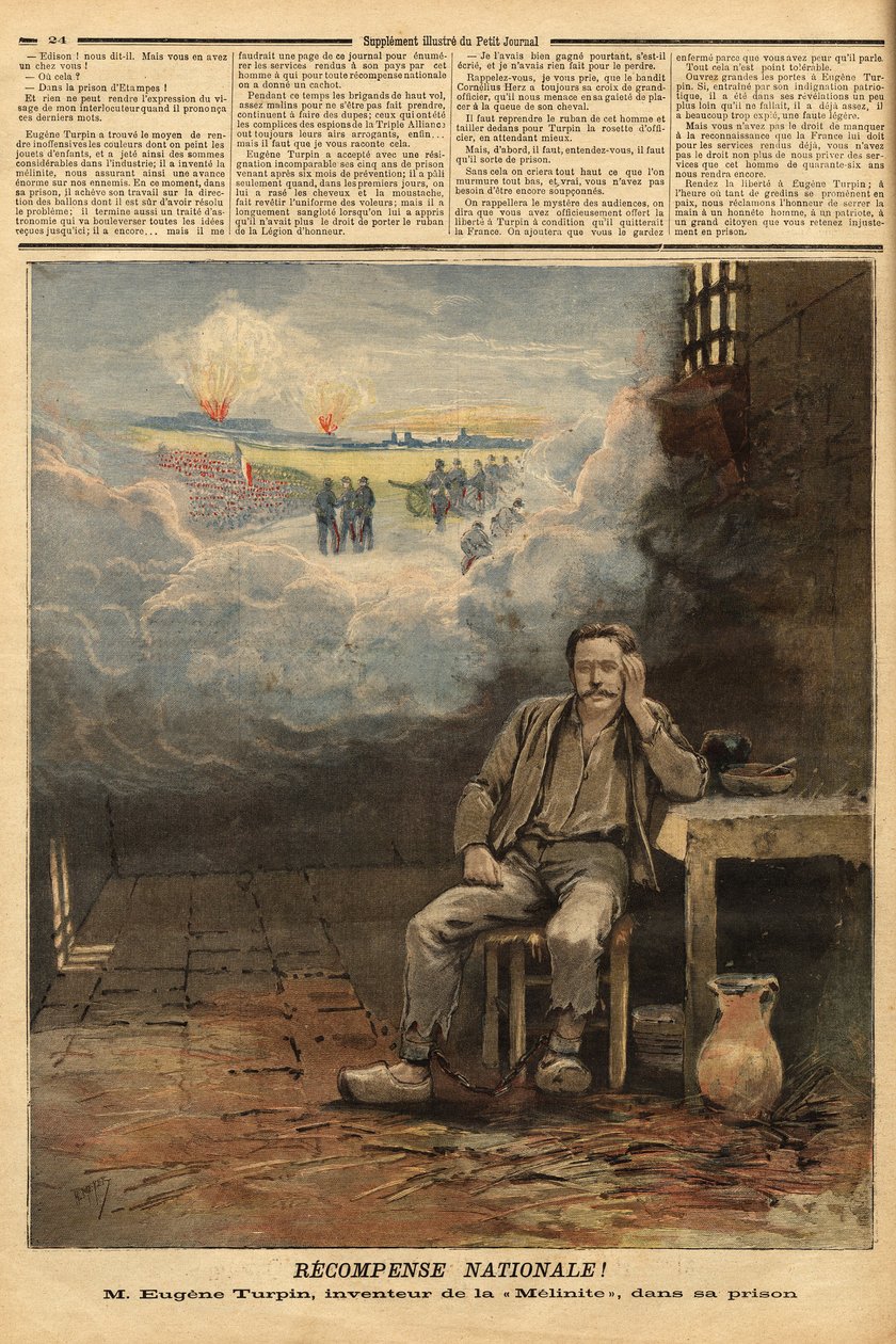يوجين توربين (1848-1927) الكيميائي ، مخترع مادة ميلينيت (مادة متفجرة) في زنزانته عام 1884 ، اتهم (خطأ) ببيع اختراعه للعدو. ألهم جول فيرن لشخصية توماس روش في رواية "Face au drapeau". النقش في بواسطة فنان غير معروف