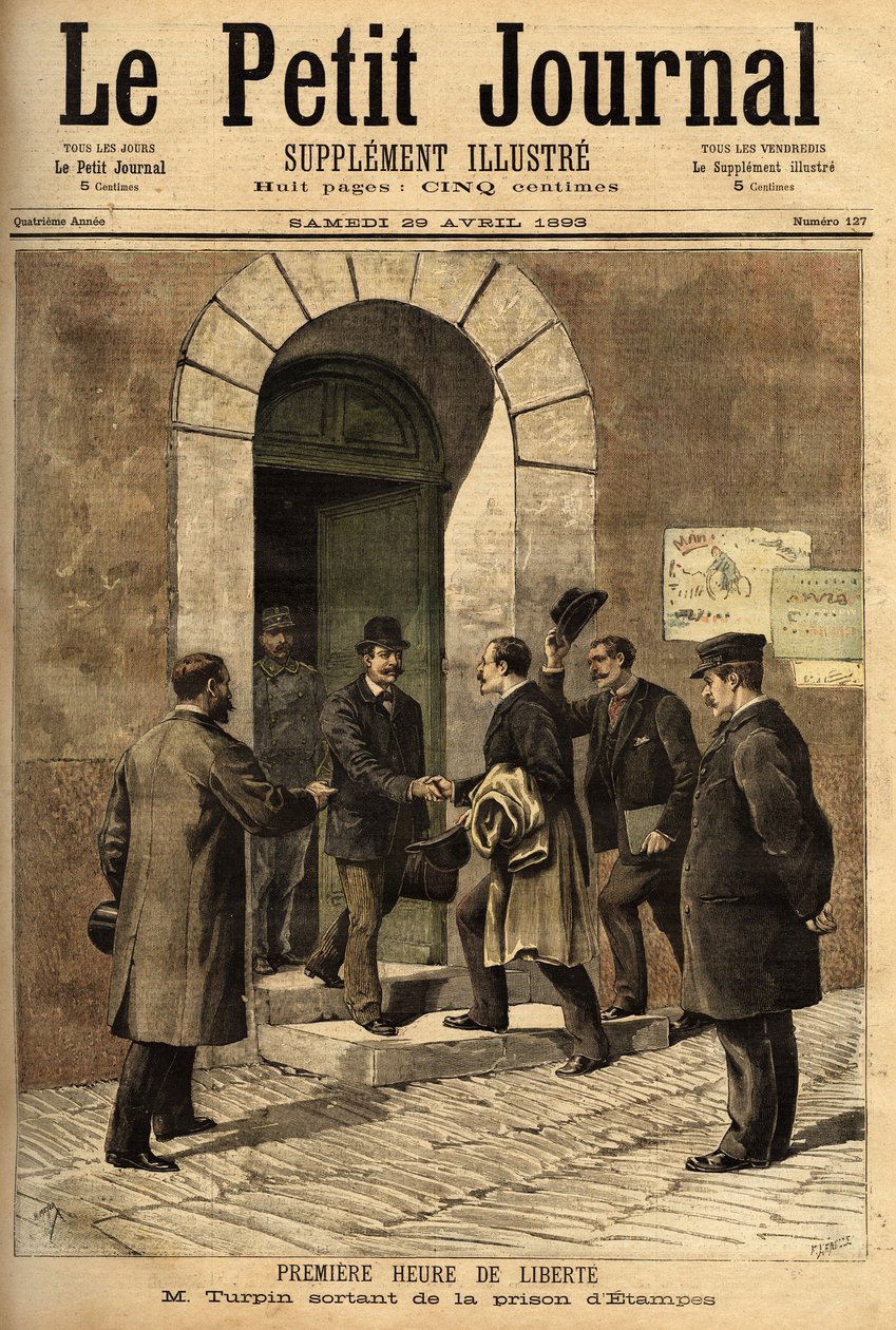 يوجين توربين (1848-1927) ، كيميائي ، مخترع مادة ميلينيت (مادة متفجرة) في عام 1884 ، اتُهم ظلماً ببيع اختراعه للعدو ، وكان بريئًا وتم تحريره من سجن إيتامبيس. نقش في "" مجلة لو بيتي "" 29/04/1893. مجموعة سيلفا بواسطة فنان غير معروف