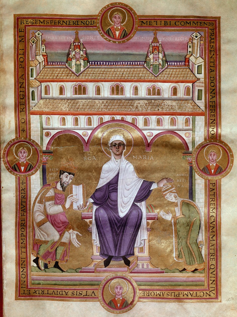 الصفحة الإنجيلية (الكتاب المقدس الذهبي) للإمبراطور هنري الثالث تقول أن الأسود (1017-1056) يمثل الركوع مع زوجته أغنيس أكويتين (أغنيس دي بويتو أو دي بواتييه بواسطة فنان غير معروف
