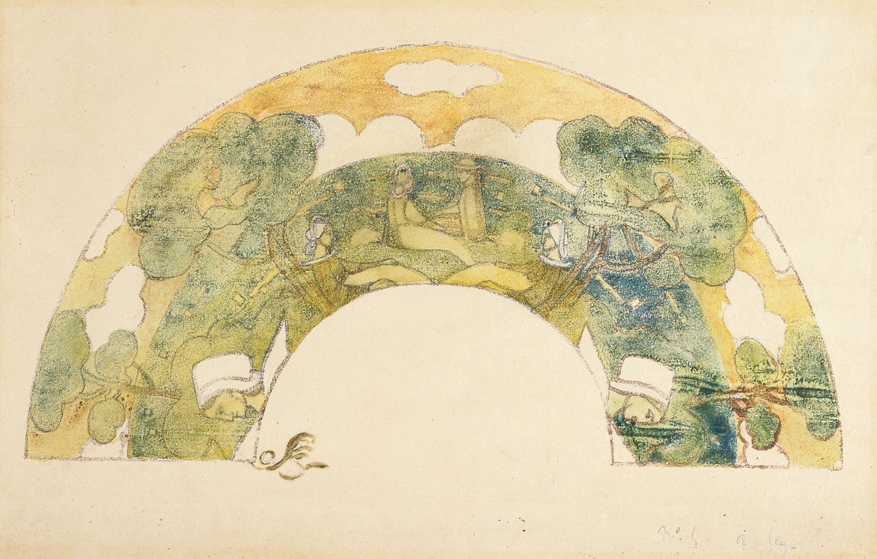 Evantail - Bretons Au Bord De La Mer (مروحة - بريتون بجانب البحر) (زنكغراف ونمط أحادي مع تلوين يدوي) بواسطة فنان غير معروف