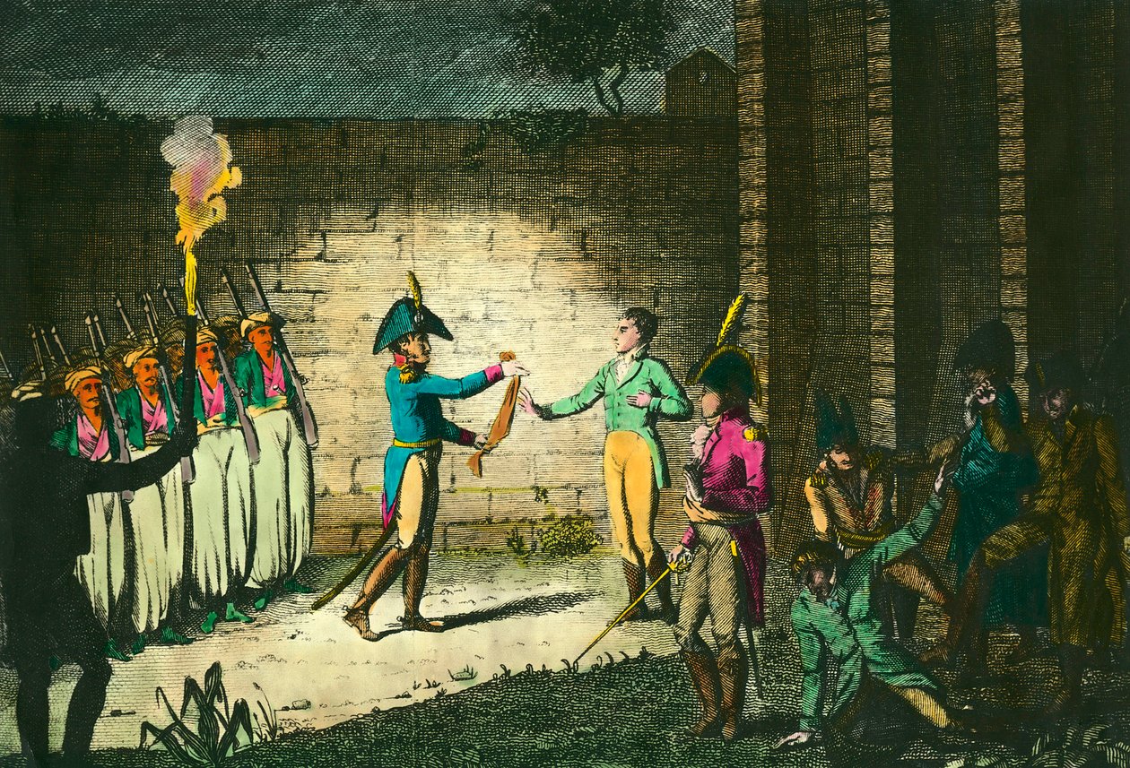 إعدام لويس دي بوربون ، دوق إنجين (1772-1804) في 21 مارس 1804 في فينسينز ، مشبوهًا دون دليل على وجود مؤامرة ضد القنصل الأول نابليون بونابرت. نقش حوالي 1804. مجموعة خاصة بواسطة فنان غير معروف