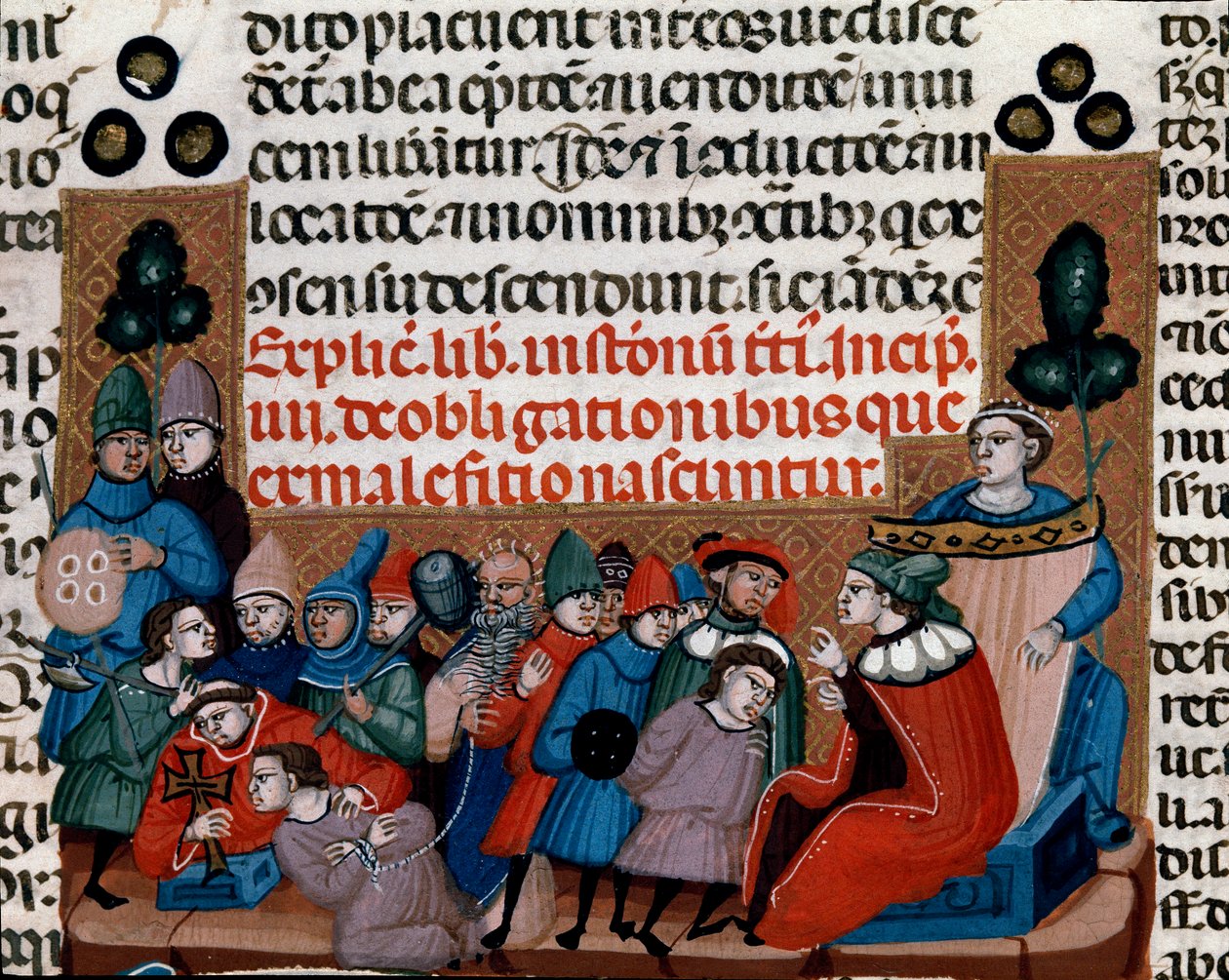 تنفيذ إدانة مصغرة من قانون جستنيان (Codex Justinianus) ، وهي مجموعة من القوانين والمؤسسات أعيد فهمها في عهد الإمبراطور الروماني جستنيان الأول من بيزنطة (483-565) بواسطة فنان غير معروف
