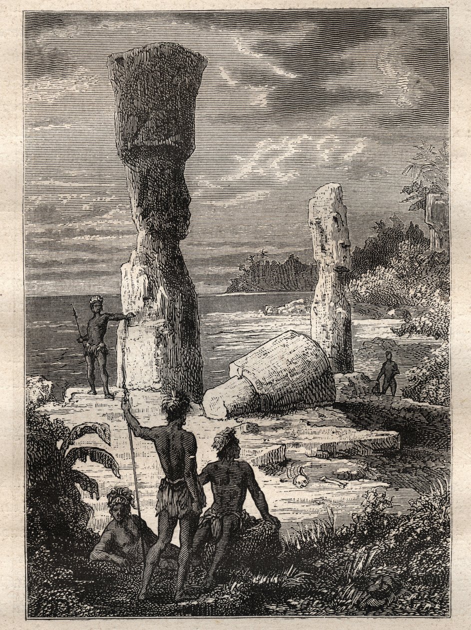 رحلة استكشافية حول العالم (1785-1788) بقلم جان فرانسوا غالوب دي لا بيروز (1741-1788): سكان من جزيرة إيستر ينظرون إلى التماثيل الضخمة (مواي) - رسم مأخوذ من "البحارة العظماء في القرن الثامن عشر" بواسطة فنان غير معروف