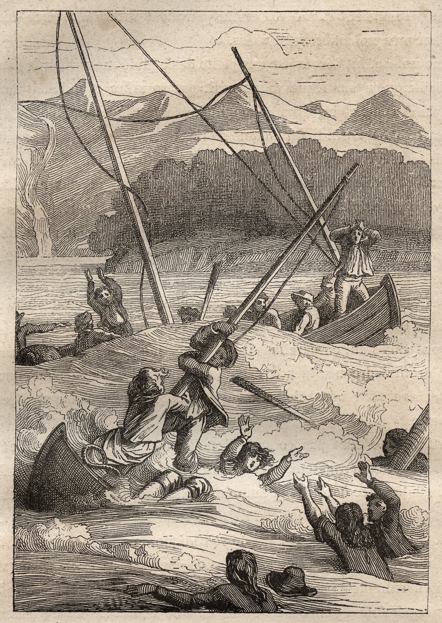 رحلة استكشافية حول العالم (1785-1788) بقلم جان فرانسوا غالوب دي لا بيروس (1741-1788): غرق سفينة في ميناء الفرنسي (ألاسكا) - رسم توضيحي مأخوذ من "البحارة العظماء في القرن الثامن عشر" بواسطة فنان غير معروف