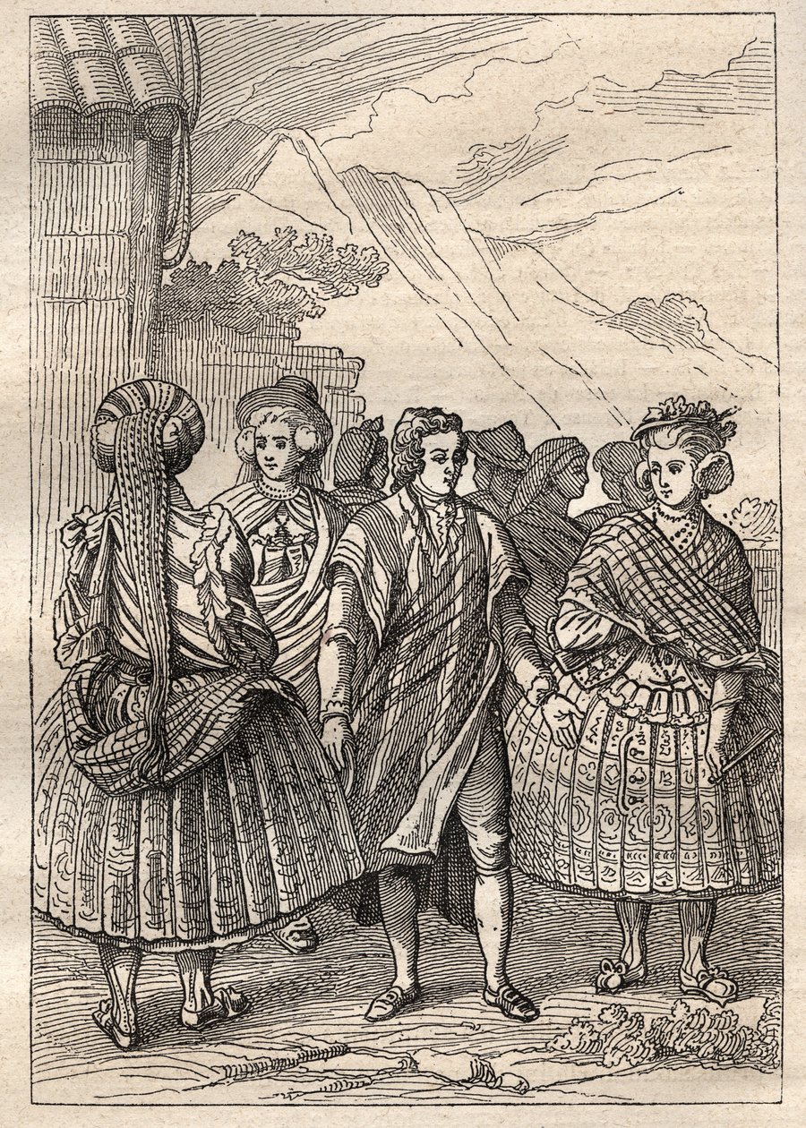 رحلة استكشافية حول العالم (1785-1788) بقلم جان فرانسوا غالوب دي لا بيروس (1741-1788): أزياء سكان كونسيبسيون (تشيلي) - رسم توضيحي مأخوذ من "البحارة العظماء في القرن الثامن عشر" بواسطة فنان غير معروف