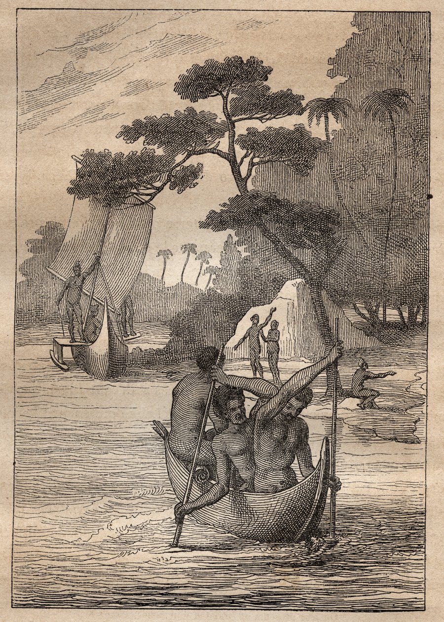 رحلة استكشافية من نيكولاس توماس ماريون دوفرسن (ماريون دوفرسن) (1729-1772): زوارق من جزر أدميروت (أرخبيل بسمارك ، بابوا غينيا الجديدة) - رسم توضيحي مأخوذ من "" البحارة العظماء في القرن الثامن عشر "" بواسطة فنان غير معروف