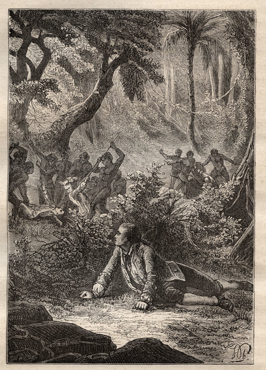 بعثة نيكولاس توماس ماريون دوفرسن (ماريون دوفرسن) (1729-1772): البحار الوحيد الباقي شاهد على مذبحة جميع رفاقه ، بمن فيهم ماريون ، على يد سكان Assassins Bay (جزيرة ماتوارو ، نيوزيلندا) - رسم توضيحي مأخوذ من " جي بواسطة فنان غير معروف