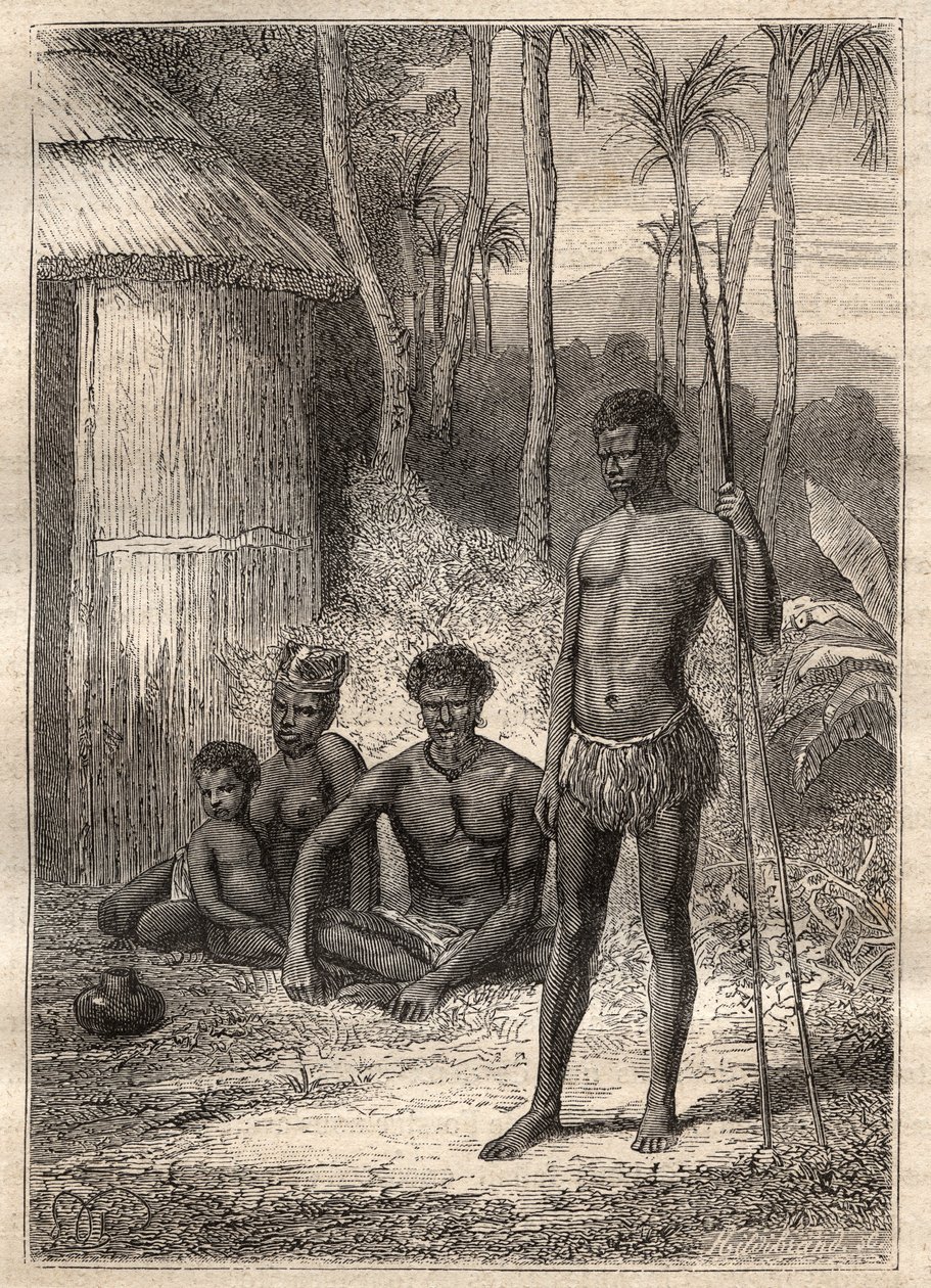 بعثة Antoine Bruny (Bruni) d'Entrecasteaux (1737-1793) للبحث عن Jean Francois Galaup de La Perouse (1741-1788) في 1791: indigenes neo Caledoniens - رسم مأخوذ من "" The Grands Mariners of the 18th Century "" بواسطة فنان غير معروف