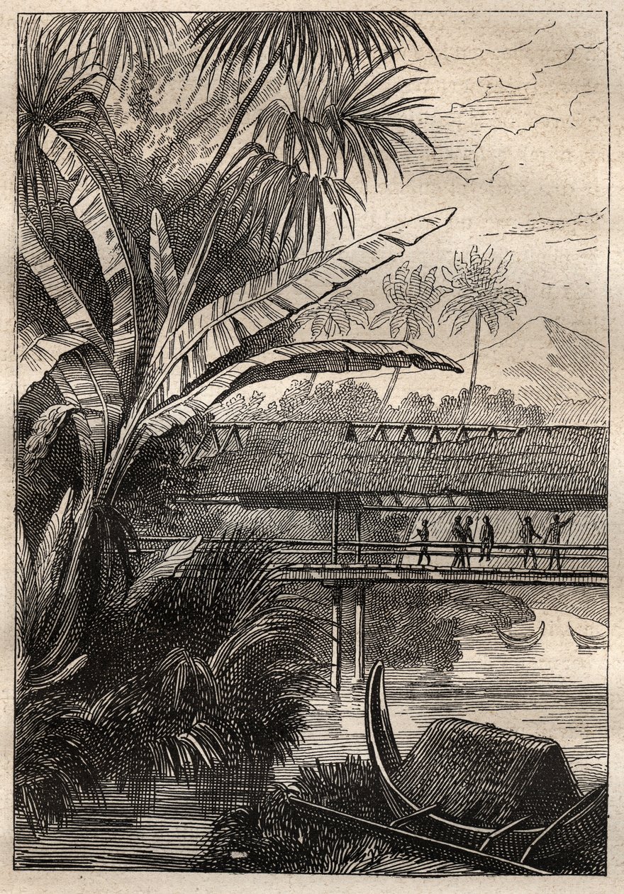 بعثة Antoine Bruny (Bruni) d'Entrecasteaux (1737-1793) للبحث عن Jean Francois Galaup de La Perouse (1741-1788) في 1791: منظر لجزيرة بورون (؟) - رسم توضيحي مأخوذ من "البحارة العظماء في القرن ال 18"" بواسطة فنان غير معروف